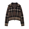 Plaid knitted bomber jacket in brown and beige with zipper and classic collar - S / Coffee