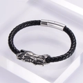 Pulsera vintage para hombre de cuero trenzado negro con cierre de cabeza de dragón plata - Negro