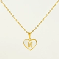 Golden heart necklace with white shell inlay and letter M detail on O-chain - Letter M
