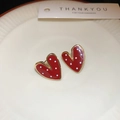 Asymmetric heart stud earrings in red and white polka dot enamel with gold-tone finish - Red Polka Dot