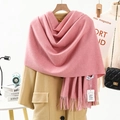 Thick pink cashmere wool blend scarf with tassels styled on a classic khaki coat - Thickened 300g Tassel Shawl / 200x70cm / Dusty Pink
