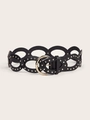 Detail of black PU leather belt with metal studs and gold circular hollow buckle - Hollow Oval Ring Rivet Style / Black