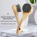 Dual wooden facial brushes with soft grey fibers and golden accents for deep pore cleansing - Beech Long Handle Gold Ring Charcoal Polka Dot