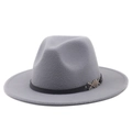 Detail of light grey wool fedora hat with black leather band and silver metal buckle - M (56-58cm) / Light Gray
