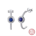 Sterling silver hoop earrings with textured wheat pattern and blue stone beads - Deep Blue Ear Stud - Silver