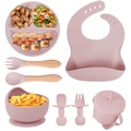 Pink 8-piece silicone baby feeding set with suction plate, bib, cup, and wooden utensils - Lotus Root-8Pcs Set