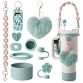 Mint green flower beaded cup strap and plush heart charm set with silicone accessories - Mint Green & Peach Set