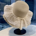 French style beige straw sun hat featuring white floral lace embroidery and a bow detail - Coffee Flower Ribbon