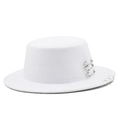 Detailed close-up of a white boater hat with silver safety pins and metal rings decor - M(56-58cm) / White