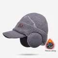 Grey knit ear flap hat with fleece lining and visor for winter outdoor warmth - 9624-Dark Gray / Dark Gray