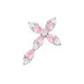 Close-up of cross pendant with pink pear-cut stones and small clear gems in silver finish - Platinum Color Pink Zirconia