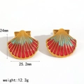Shell earrings in gold finish with red and turquoise enamel, 24mm size measurements - Red-Green Gradient