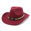 Classic wine red wool felt western cowboy hat with wide brim and vintage bull head metal logo - M (56-58cm) / Burgundy