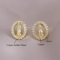 Religious Virgin Mary zircon stud earrings in 3 layers golden plated copper finish - Gold Plated Oval Virgin Mary (EM05-10)