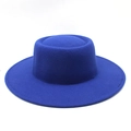 Detail of royal blue wool felt fedora with a wide brim and flat top crown design - M (56-58cm) / Blue