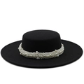 Elegante sombrero boater de lana negra con adorno decorativo de cadena de perlas - M (56-58cm) / 01 Negro