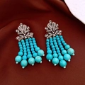 Dettaglio di orecchini vintage a nappa con perle turchesi e incastonatura in argento - Stile Nappa Turchese / Oro Antico-Blu
