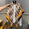 Linen cotton oversized square scarf with brown monogram pattern and orange color block - 130*130cm / Brown Beige Monogram (MZF-064)