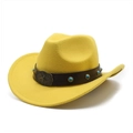Detail of yellow wool felt cowboy hat featuring leather band with turquoise rivets and star - M (56-58cm) / Yellow