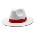 Classic white wool wide brim fedora hat with elegant red ribbon and bow for men and women - M (56-58cm) / Bright Red Ribbon
