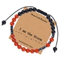 Handmade adjustable Morse Code bracelet with natural red agate beads on a display card - I am the Storm