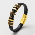 Three-layer black braided leather bracelet with golden religious cross pendant and magnetic clasp - Gold/Carved Cross