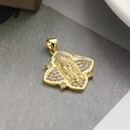 Close-up of Virgin Mary clover pendant with gold finish and sparkling zirconia crystals - Clover Shape