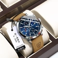 Men's waterproof quartz chronograph with blue dial and light brown suede leather strap - Silver Case Blue Dial Leather Strap