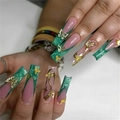 Uñas postizas de ataúd mármol verde francés con mariposas doradas 3D y brillantes - Estilo de Mariposa de Mármol Verde - Tipo Pegamento (SGCY-450)