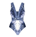Detail von blauem Badeanzug mit weißen Blumenmustern und tiefem V-Ausschnitt - S / Swimwear