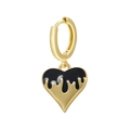 Golden heart drop earrings with black enamel melt design on white background - Black