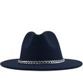 Classic navy blue wool fedora hat with wide brim and decorative silver metal chain link - Navy Blue