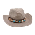 Sombrero vaquero de paja trenzada con banda de cuero y detalles de piedras turquesas étnicas - Gris
