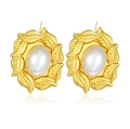 Vintage style gold earrings with white oval faux pearl and leaf texture detail - Vintage Relief Oval Pearl