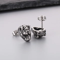 Retro tiger head stud earrings for men in vintage silver finish with embossed details - Tiger Head Stud Earrings (KE108886-KJX) / Steel