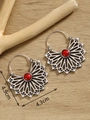 Bohemian silver hollow fan earrings with red round gemstone and dimension markings - Silver FX730 With Turquoise