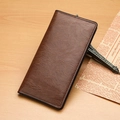 Slim brown faux leather wallet for men with vintage texture and detailed stitching - Long Style / Tan