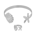 Silver marine jewelry set featuring starfish and seashell relief bangle and ring - Silver Bracelet and Ring Set
