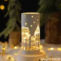 Cylindrical LED Christmas lantern 15cm height with stars and city skyline cutout pattern - Colored Light Bottle-Christmas House / White