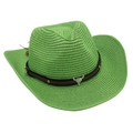 Close-up of green straw cowboy hat featuring a leather band and silver bull skull charm - One Size / Grass Green