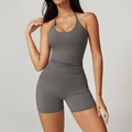 Dark grey halter neck sports vest and high-waist tight shorts two-piece yoga set - S / Freedom Grey (Top+Shorts)
