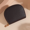 Classic black semi-circle credit card wallet in lychee grain leather with gold zipper - Coffee