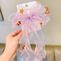 Lavender organza bow hair clip with embroidered flowers and long ribbons for girls - Purple Bow Hair Clip
