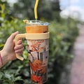 40oz stainless steel tumbler with yellow handle and autumn leaf landscape art - 1250ml / Magnolia Town