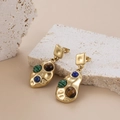Golden C-shaped stainless steel earrings with green, blue, and brown gemstone beads - Gold Bohemian Triple Color Zirconia Drop Earrings