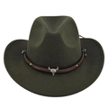 Chapeau fedora en laine vert foncé avec bande en cuir et ornement crâne de taureau - M (56-58cm) / Vert Militaire