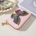 Pink PU leather mini wallet with colorful butterfly print and clover zipper pull - Multi-D (Pink Butterfly/Accordion)