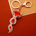 Golden fox keychain pendant with red oval gems and sparkling clear crystals decoration - A738 New Gem Fox Red