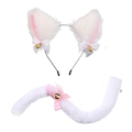 Detailed set of fluffy white cat ears headband and matching tail with pink silk bows - White Pink Cat Ears Headband + Tail