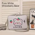 White cartoon travel bag featuring bear and strawberry prints with adjustable strap - Upgraded Grey Round Face Bear